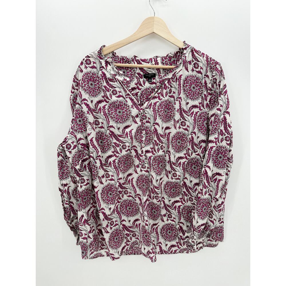 Talbots Plus Blouse Women 2X Purple White Floral Cotton Stretch Button Front